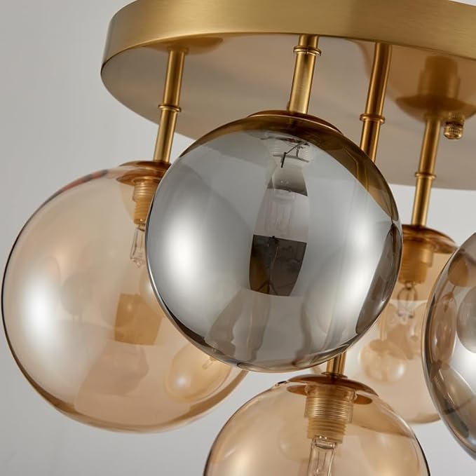 AGV LIGHTING Flush Mount Ceiling Light Fixture, Modern Bubble Glass Ceiling Light with Black Metal Frame, 5-Light G9 Base Gold Brass Ceiling Chandelier for Bedroom Living Room Kitchen Dining Room