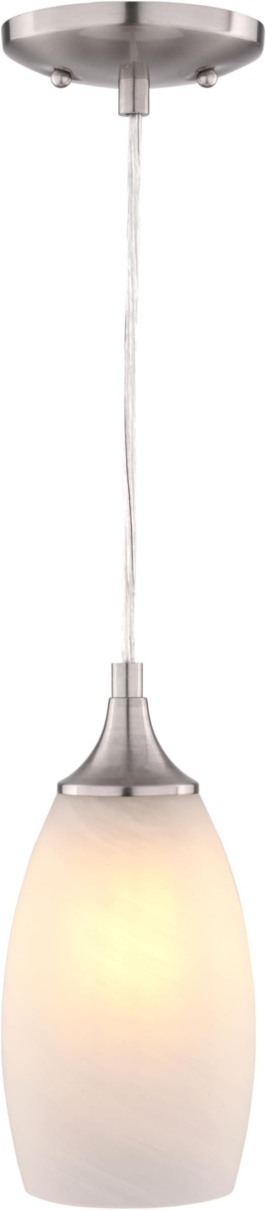 VAXCEL Milano 1-Light 4.75 in. Wide Satin Nickel Bell Mini Pendant with White Alabaster Glass Shade, Adjustable Height Hanging Ceiling Fixture for Dining Room, Kitchen Table, Entryway, Bar, Island