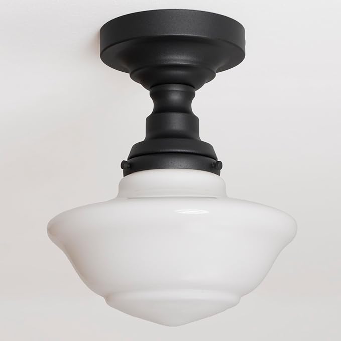 Modern Schoolhouse Semi Flush Mount Ceiling Light with Milk White Glass Lampshade, Industrial Close to Ceiling Light Fixture for Farmhouse Bedroom Hallway Entryway