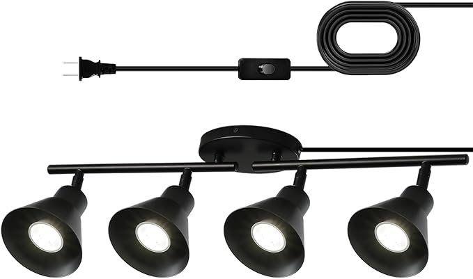 4 Light Plug in Track Lighting Kit,Modern Plug in Ceiling Light Fixture,16.4ft Cord,4 Way Ceiling Spot Lighting,Flexibly Rotatable Light Head (Black)
