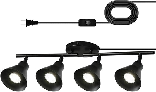 4 Light Plug in Track Lighting Kit,Modern Plug in Ceiling Light Fixture,16.4ft Cord,4 Way Ceiling Spot Lighting,Flexibly Rotatable Light Head (Black)