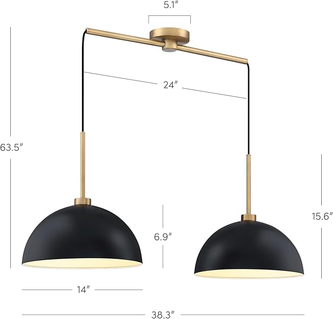Nathan James Percy Modern 2-Light Pendant Island Light Fixture, Hanging Lights with Metal Shade and Adjustable Cord, for Kitchen, Living Room, Black/Vintage Brass, Set of 2