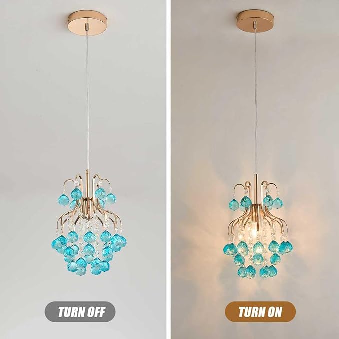 Surpars House Elegant Mini Chandelier Flush Mount Crystal Pendant Light,Golden (Blue Shade)