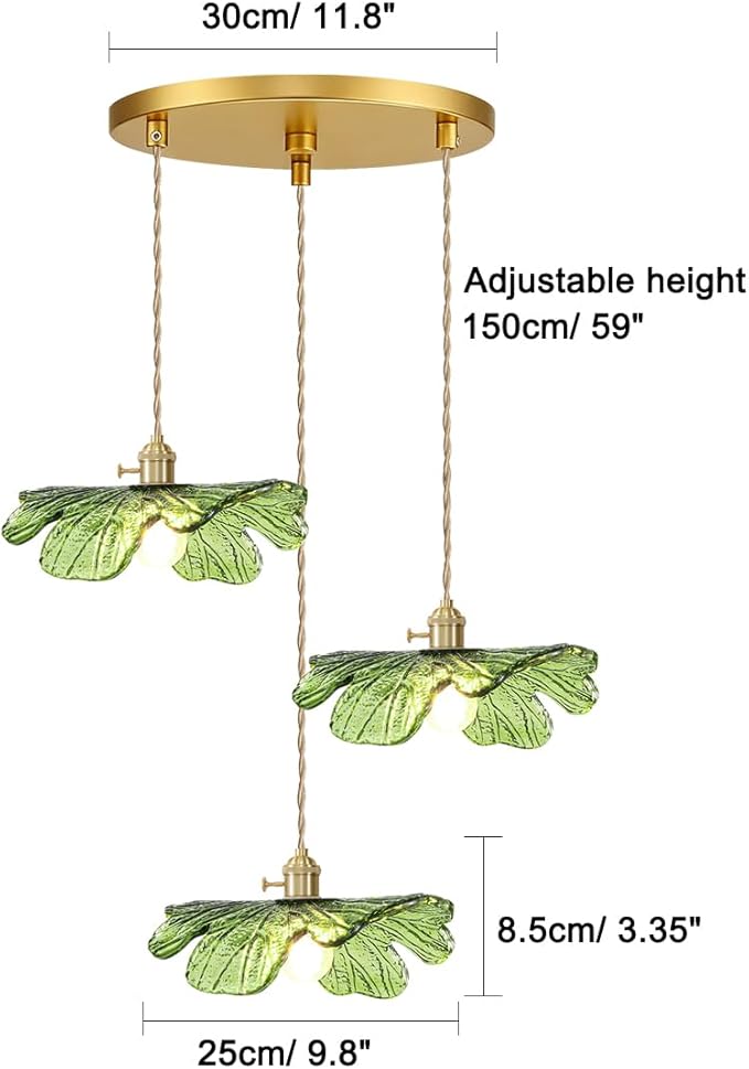 Green Glass Pendant Light 3-Light Cluster Chandelier Adjustable Gold Brass Pendant Hanging Light Farmhouse Pendant Lights for Kitchen Island Dining Room Bedroom