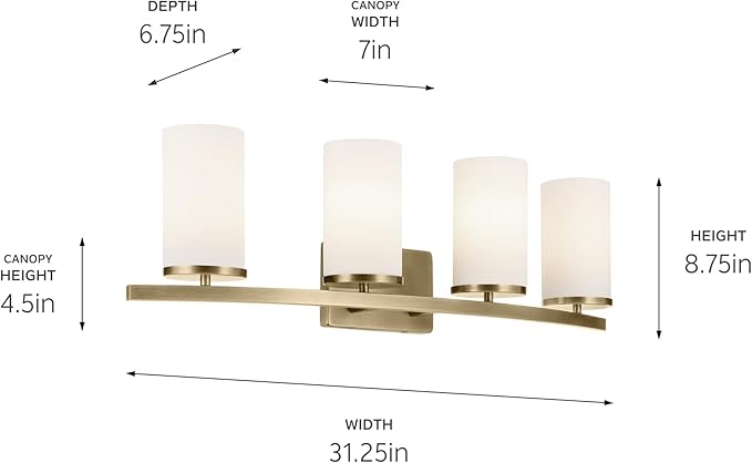 Kichler Crosby 31.25" 4-Light Bathroom Vanity Light Fixture with Satin Etched Cased Opal Glass Shade in Natural Brass for Modern Soft Bathrooms (31.25" x 8.75"), 45498NBR