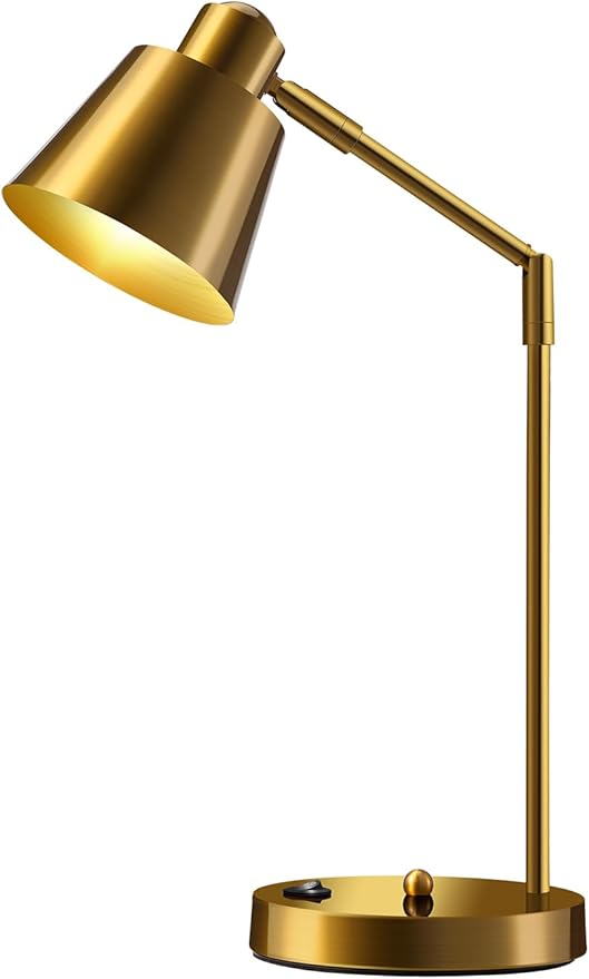 Anxingtools LED Desk Lamp with Dual USB Charging Ports, 100% Metal, 270° Swivel Arms, Soft White Light (3000K), Bedside Reading Lamp, Home Office Lamp(Golden)