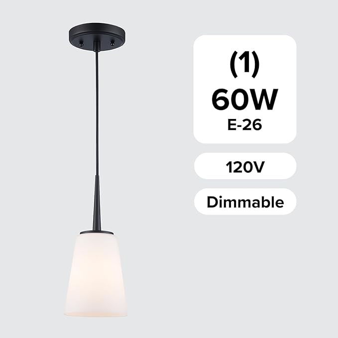 Montgomery 1-Light Pendant Light | Black Finish with White Frosted Glass Shade | Adjustable Hanging Height to 82.75" | Uses E26 Medium Base Bulb (Black, Pendant)