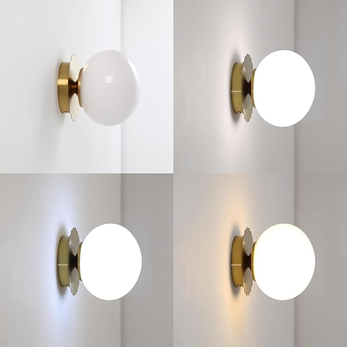 Modern Globe Glass Wall Sconces- Minimalist Home Shop Decor Wall Light 7" Glass Shade Hardwired- 1 Light Mid Century Wall Lamps Indoor Bedroom Bathroom Hallway Vanity Sconce Light (Gold-White)