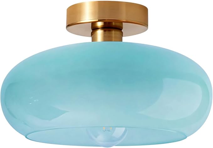 Blue Close to Ceiling Light Fixtures Vintage Flush Mount Ceiling Lights 11" Round Thickened Glass Shade Gold Mid Century Semi Flush Mount Light Hallway Entrance Lighting Fixture