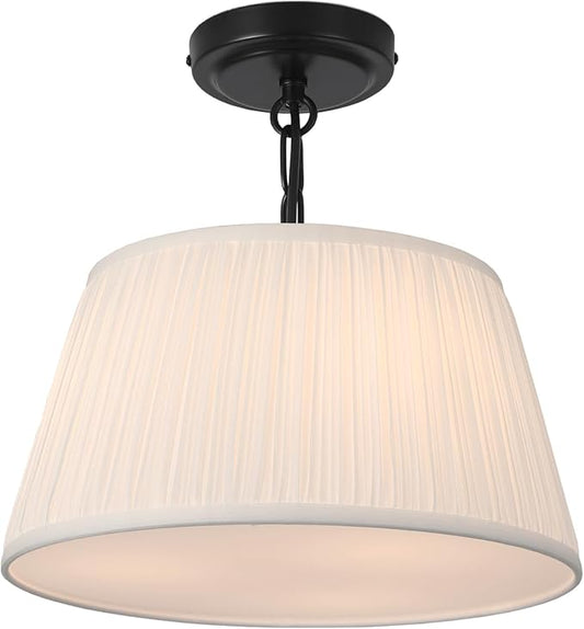 Electro bp; 12.6”Dia White Pleated Drum Shade Close to Ceiling Light Fixture Modern Classic Brocade Fabric Cone Shape Semi-Flush Mount,Matte Black Painted,2 Sockets,E26,120W;