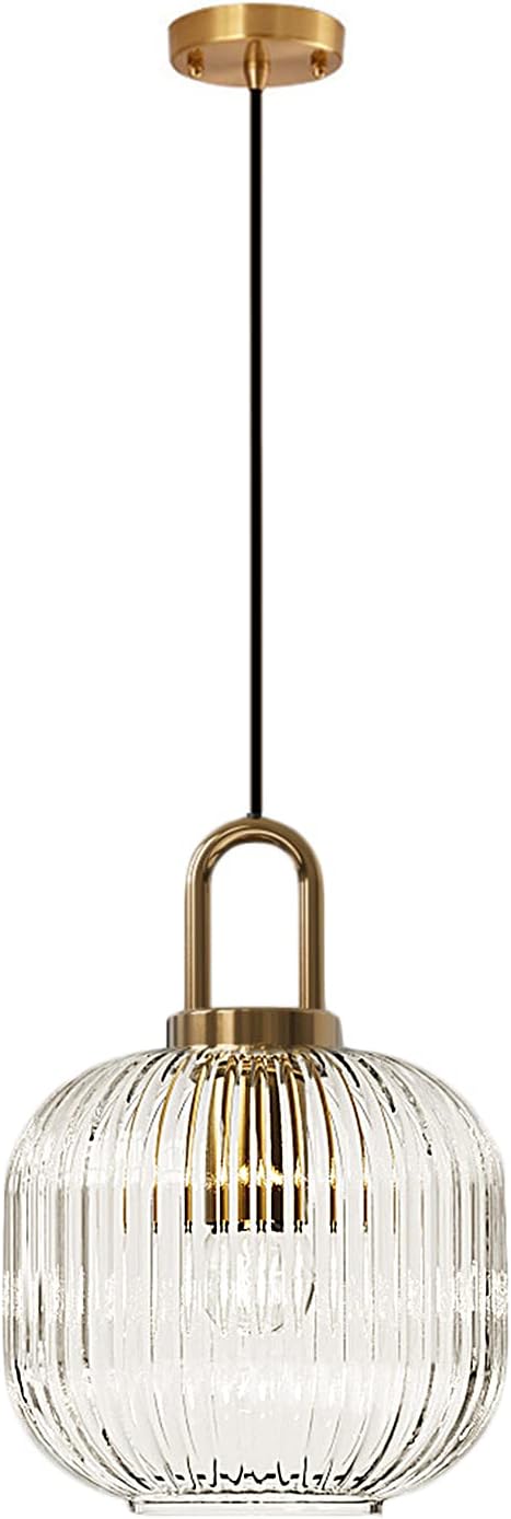 Industrial Vintage Pendant Lighting with Ribbed Glass Lamp Shade and Bronze Finish, Modern Retro Ceiling Light Hanging Lamp for Bedside Dining Table Kitchen Island (Transparent, 7.9")