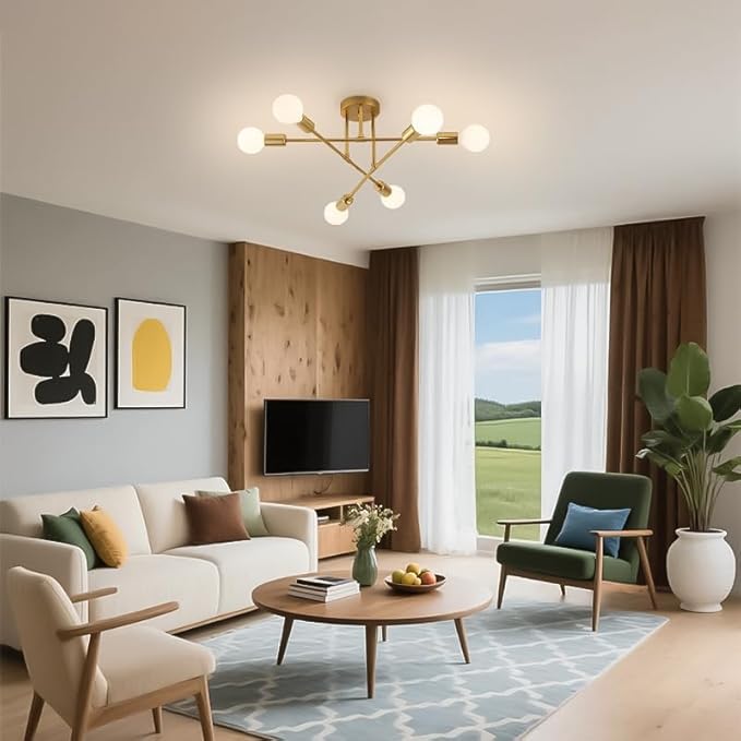 Semi Flush Mount Ceiling Light Fixture, 6 Lights Modern Sputnik Chandelier Ceiling Lamp with E26 Bulb Base, Light Fixtures Ceiling Mount for Bedroom Kitchen Living Room Hallway (Gold)