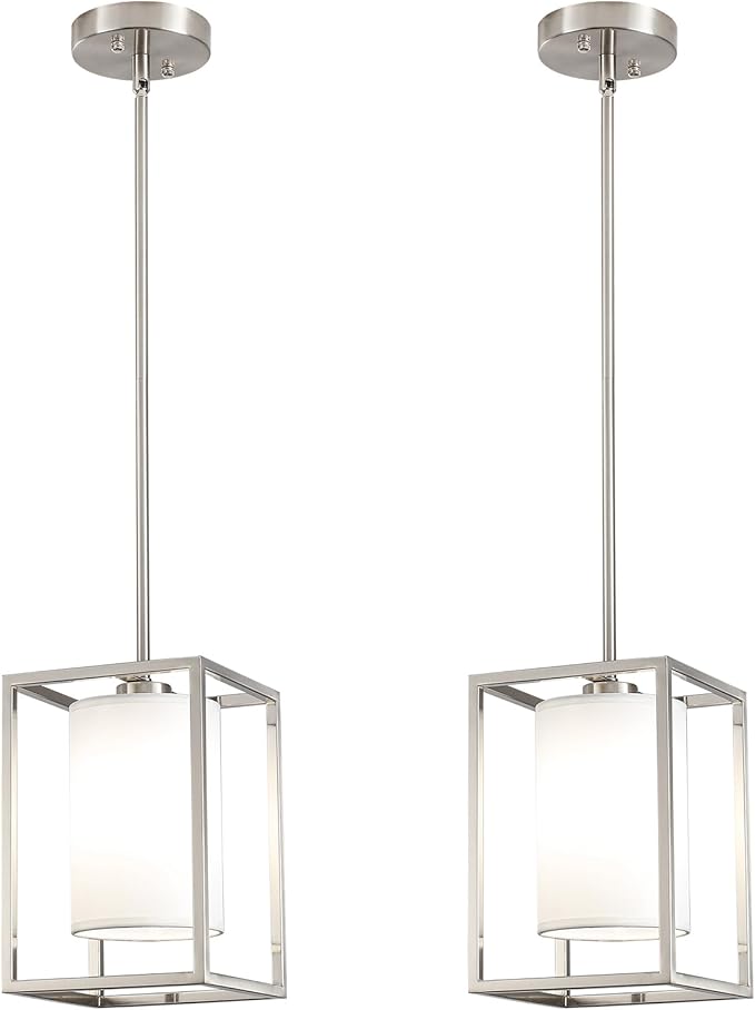 Brushed Nickel Pendant Lights Kitchen Island 2 Pack, Modern Small Lantern Kitchen Pendant Lighting Over Island, Farmhouse Kitchen Island Lights Ceiling Hanging, Industrial Cage Pendant Light Fixtures