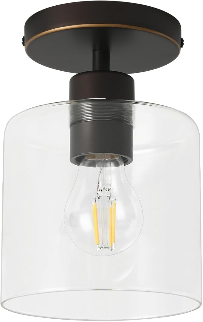 Brown and Gold Semi Flush Mount Ceiling Light,Modern Farmhouse Ceiling Light Fixture for Closet Entryway,Hallway Light Fixture 5.9in Clear Glass Shade 1 Pack