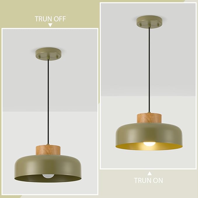 Mid-Century Modern Pendant Light,12.6" Natural Wood & Olive Green Metal Shade,Adjustable Kitchen Island Dining Room Lighting Fixture