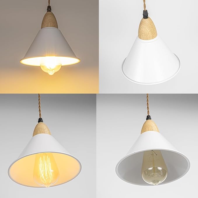 3.2-Foot Adjusted Cable H-Type Track Lamp White Metal Shade Wood Base Modern Pendant Lighting for Kitchen Dining Room 3-Pack(No Bulb, Track)