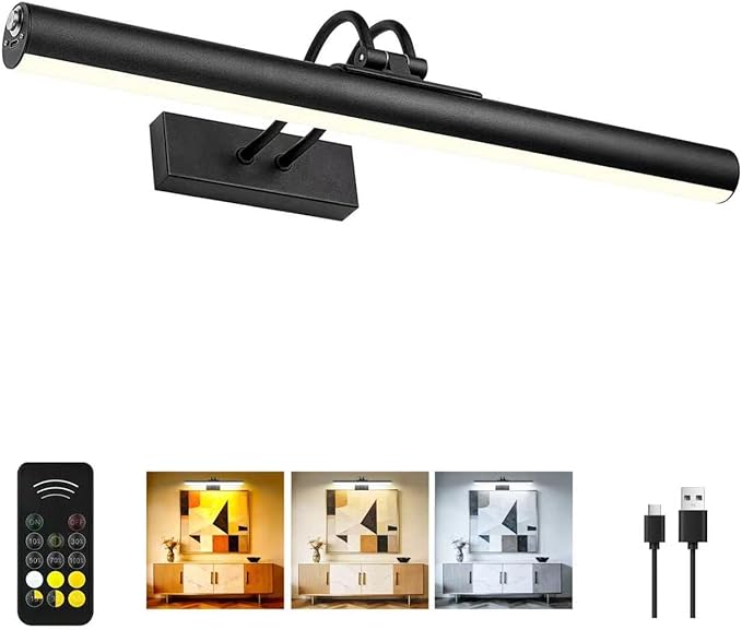 RAIFOOLLY Picture Light,Magnetic Wall Light,16inch Art Light,5000mAh Rechargeable Battery Accent Light with Remote Timer and Dimmable for Painting, Frame, Portrait, Artwork-Black