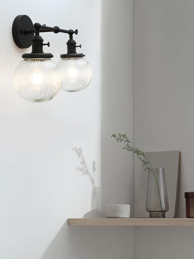PERMO 2 Lights Sconce Industrial Wall Sconce Lighting with Ribbed Globe Glass Lampshade Vintage Double Sconce Hardwired Wall Sconce with Switch