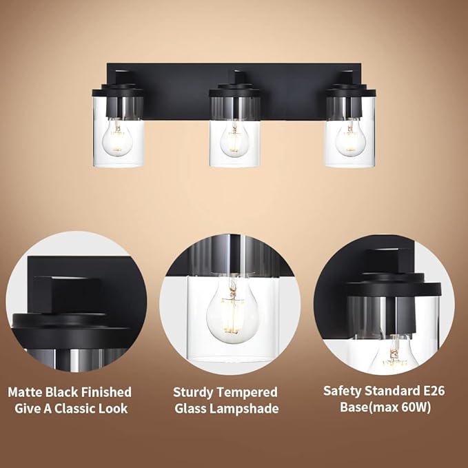 BONLICHT Modern 3-Light Vanity Light Fixture Black Bathroom Wall Light Over Mirror with Clear Glass Shade, Rustic Vintage Wall Sconce Lighting Farmhouse Wall Mounted Lamp for Powder Room Hallway