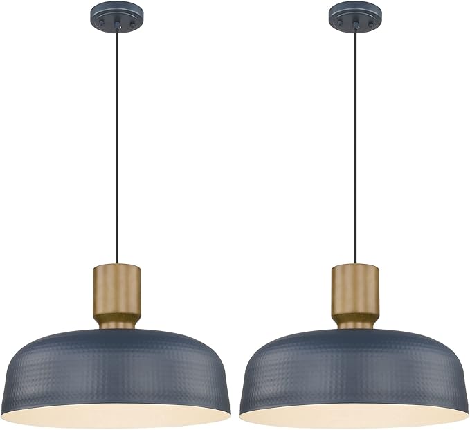 Farmhouse Pendant Lights, 2pcs Adjustable Hanging Light Fixtures with Hammered Metal Shade, 18.1 inch Pendant Lighting for Kitchen Island, Dark Blue