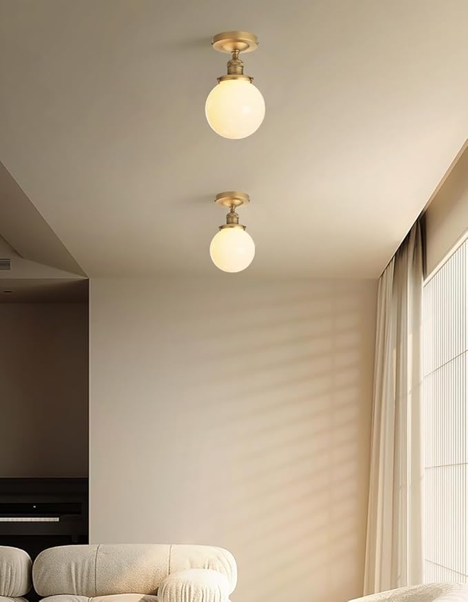 PERMO Morden Semi Flush Mount Ceiling Pendant Light Gold Ceiling Lights Hallway Fixtures with Milk White Globe Glass Lampshade 1-Light