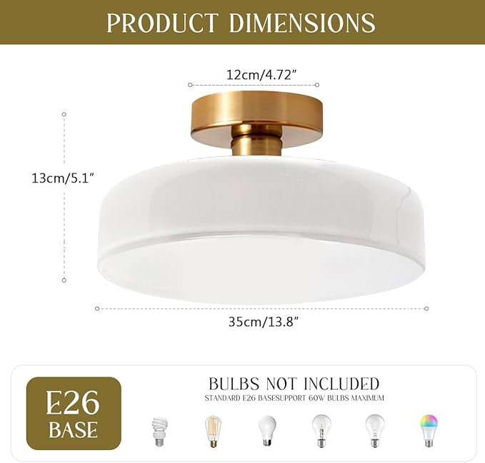 Mid Century Modern Ceiling Light 13.8" Brushed Brass White Milk Glass Shade 1-Light Gold Flush Mount Ceiling Lights Vintage Close to Lights for Hallway Bedroom Kitchen Sink Living Room