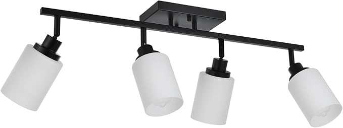 TODOLUZ Adjustable Ceiling Spotlight in Black, 4-Lights Kitchen Island Light Fixtures Ceiling Wall Mount, Track Lighting Kit with Opal White Glass Hallway Dining Room