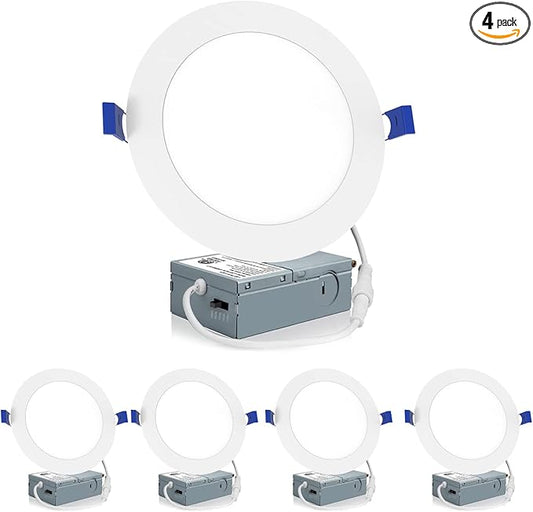 Meconard 4 Pack 6 Inch LED Recessed Ceiling Light, 2700K/3000K/3500K/4000K/5000K Selectable, Dimmable 12W=110W, 1050LM, IC Rated Can-Killer Downlights with Junction Box, ETL and Energy Star Listed