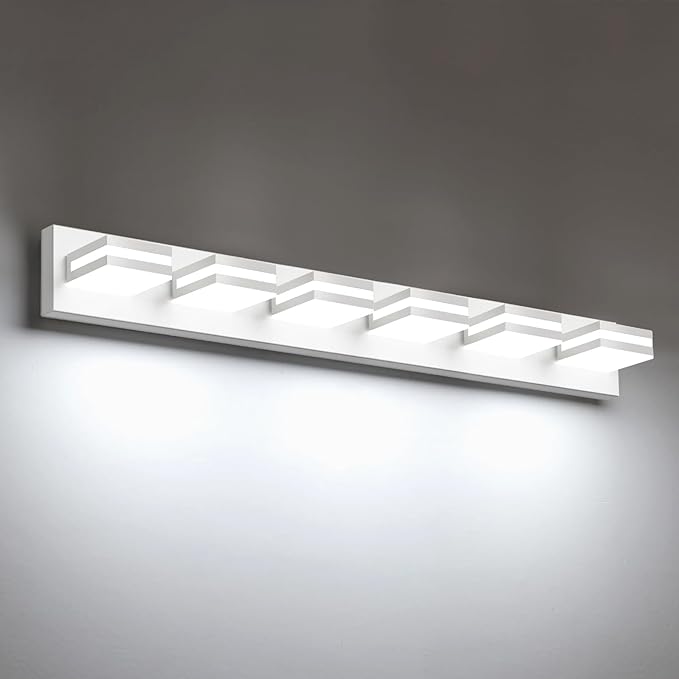 IZORRO LED Modern Bathroom Lights Fixtures(6-Light,Dimmable,360°Rotate),Matte White Acrylic Wall Lighting,Vanity Lights for Bathroom Over Mirror - 6000k 36In （No Assembly Required）