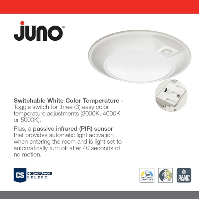 Juno JSBT 6-Inch SlimBasics Tapered Disk Downlight, Switchable + PIR Sensor, White (1 Pack)