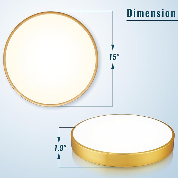 2 Pack Gold LED Ceiling Light Fixture Flush Mount 15 inch 36W, Dimmable Light Fixtures Flush Mount LED, Modern Kitchen Close to Ceiling for Bedroom, Bathroom, Living Room