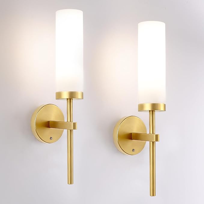 Shenmoyl Battery Operated Wall Sconces Set of 2, Gold Rechargeable Wall Lighting Fixtures, Dimmable Wall Lights with Remote & Opal Glass Shade for Living Room, Bathroom,Bedroom