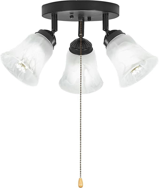 3-Light Flush Mount Ceiling Light with Pull Chain Alabaster Glass Low Profile Lighting Fixtures for Kitchen Living Room Dining Room Closet, Black