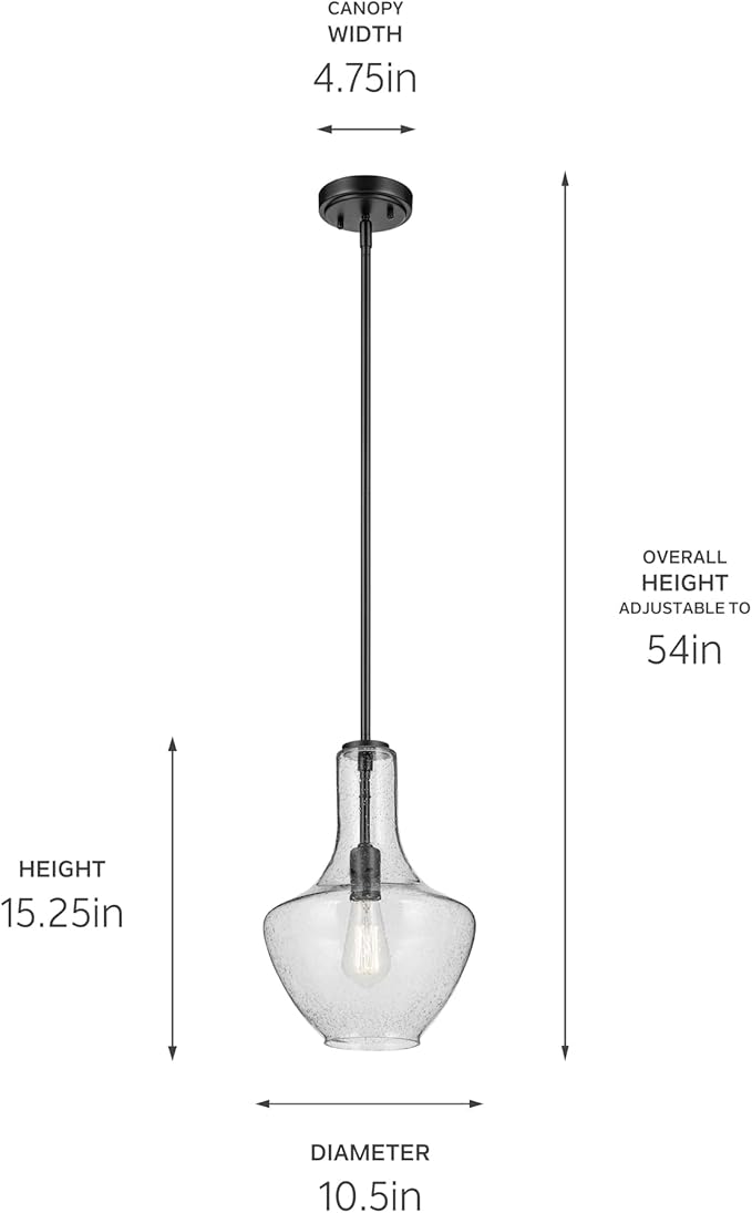 Everly 15.25" 1-Light Bell Pendant with Clear Seeded Glass in Black, for a Kitchen Island, Dining Nook, or Home Bar, (15.25" x 10.5") 42141BKCS