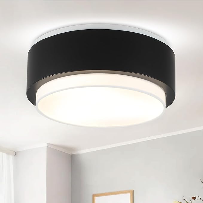 Luupyia 12.59 Inches Drum Ceiling Light with Black Metal and White Fabric Shade, 3Light Simple Modern Drum Semi Flush Mount Ceiling Light with Double Shade, Overhead Light for Bedroom Hallway E26, 60W