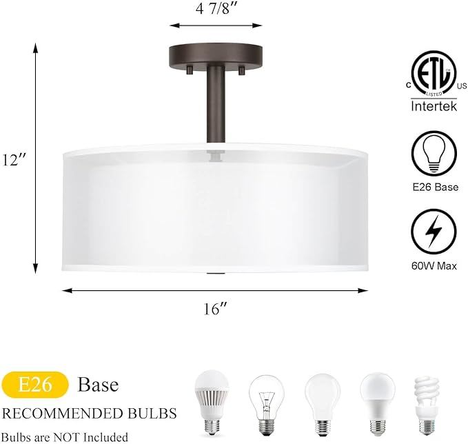 XiNBEi Lighting Semi Flush Mount Ceiling Light, 3 Light Drum Semi Flush Light, 16" Close to Ceiling Light with Fabric Shade in Dark Bronze for Living Room & Bedroom XB-SF1194-DB