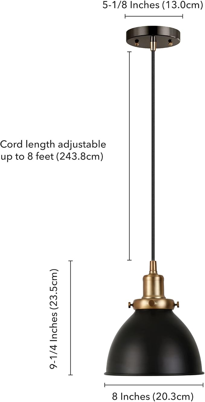 Henn&Hart 8" Industrial Two-Toned Pendant Light Fixture with Black Metal Dome Shade and 8' Adjustable Cord for Kitchen Island, Dining Room or Game Room, Ebony/Gold
