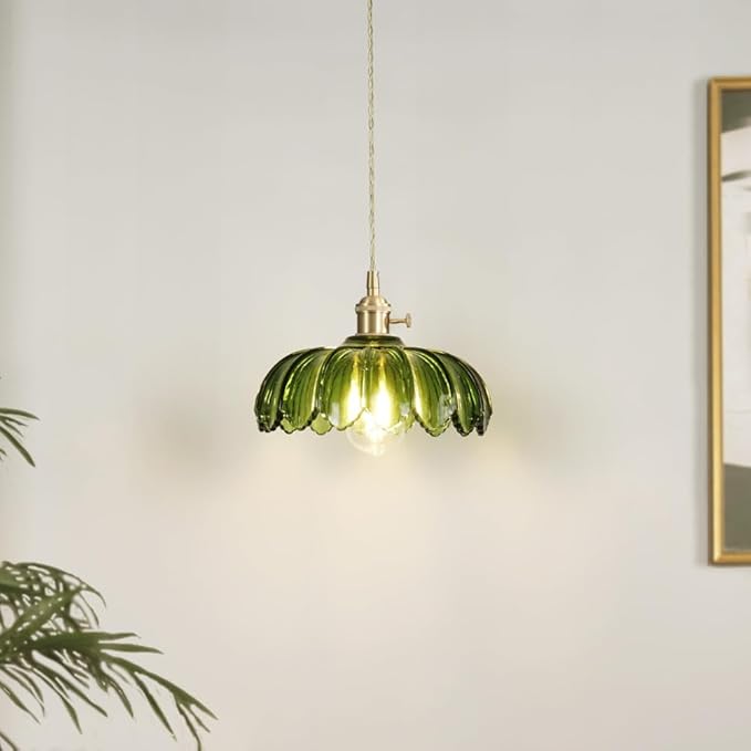 Plug in Pendant Light with Green Glass Lamp Shade Brass Vintage Hanging Light Fixture Adjustable Chandelier for Kitchen Island Dining Room Bedroom Living Room Hallway (Green)