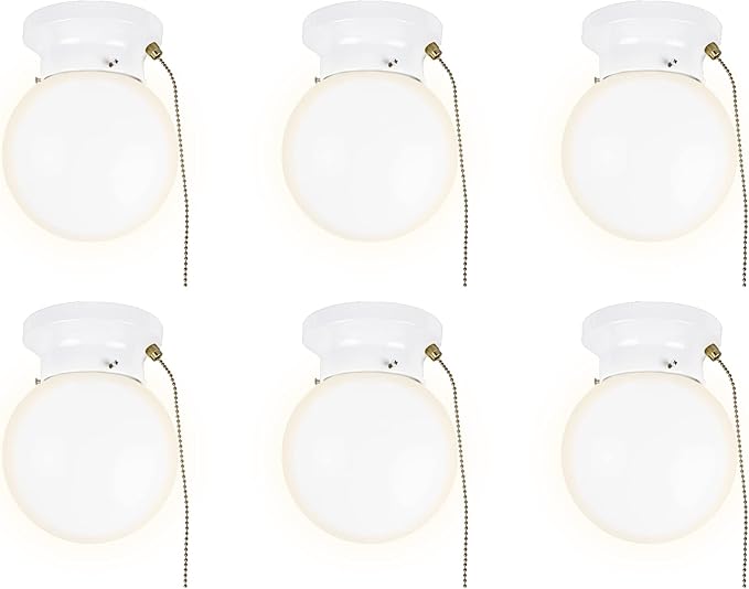 Ultralux 6" Utility LED Glass Flush Mount with Pull Chain - Globe Light Fixture - 500 Lumens 3000K Light Fixture for Closet, Pantry, Shed, Laundry Room - ETL-Certified (Matte White, 6-Pack)