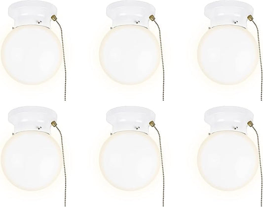 Ultralux 6" Utility LED Glass Flush Mount with Pull Chain - Globe Light Fixture - 500 Lumens 3000K Light Fixture for Closet, Pantry, Shed, Laundry Room - ETL-Certified (Matte White, 6-Pack)