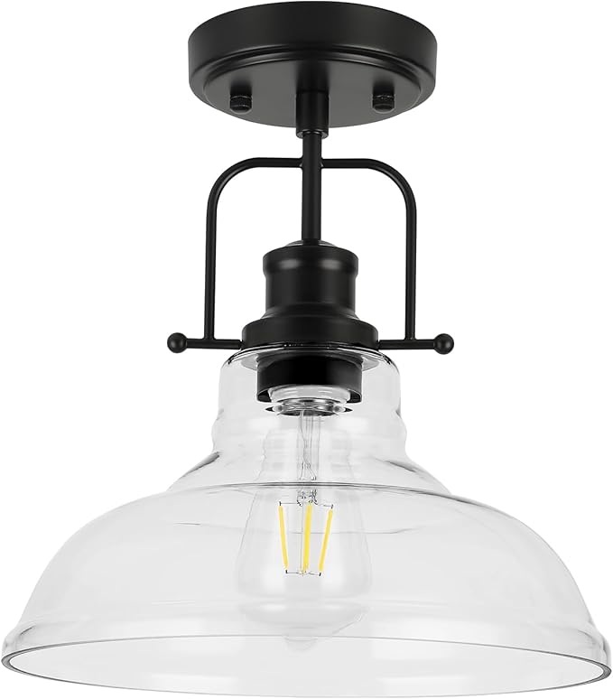 WILON Semi Flush Mount Ceiling Light Fixture, Black Farmhouse Light Fixtures with Clear Glass Shade, Modern Vintage Ceiling Lamp for Kitchen Sink Foyer Bathroom Entryway Hall Laundry Room Hallway