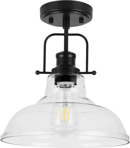 WILON Semi Flush Mount Ceiling Light Fixture, Black Farmhouse Light Fixtures with Clear Glass Shade, Modern Vintage Ceiling Lamp for Kitchen Sink Foyer Bathroom Entryway Hall Laundry Room Hallway