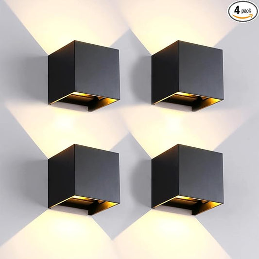 Mille Lucciole 4 Pack Outdoor Wall Lights Exterior/Interior LED Wall Sconces IP65 Waterproof Square Aluminum Wall Lamps Outdoor Lighting Fixture Up and Down Lights Modern Black 12W 3000K Warm Lights