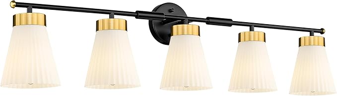 Bathroom Wall Sconces, HWH 5-Light Wall Mount Lighting Fixtures for Mirror, Modern Vanity Lights with Frosted Milk White Striped Glass, Black and Gold Finish, 5HZG97B-5W BK+BG