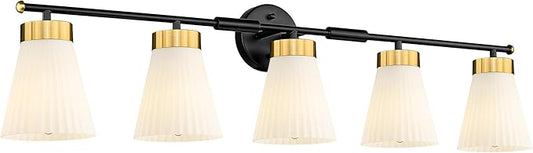 Bathroom Wall Sconces, HWH 5-Light Wall Mount Lighting Fixtures for Mirror, Modern Vanity Lights with Frosted Milk White Striped Glass, Black and Gold Finish, 5HZG97B-5W BK+BG