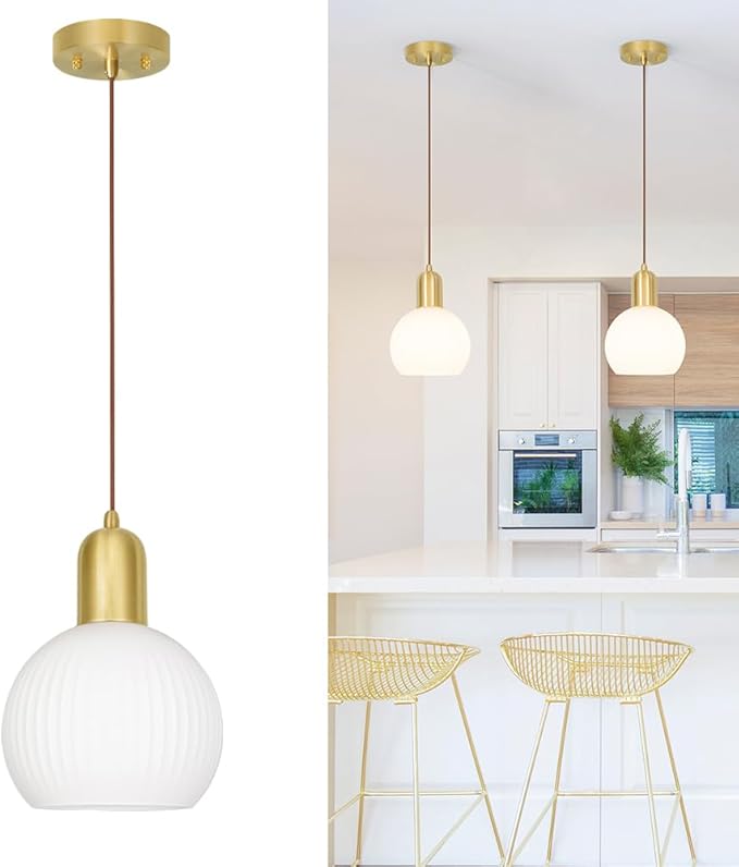 Mid Century Pendant Light with White Striped Glass, Ribbed Pendant Lighting, Brass Gold Kitchen Island Light, Globe Pendant Light Fixture, Adjustable Hanging Light for Barthroom Dining Room Hallway