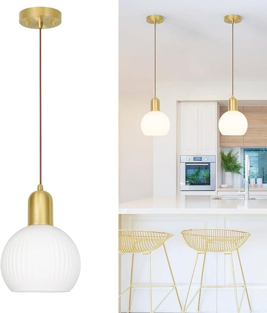 Mid Century Pendant Light with White Striped Glass, Ribbed Pendant Lighting, Brass Gold Kitchen Island Light, Globe Pendant Light Fixture, Adjustable Hanging Light for Barthroom Dining Room Hallway