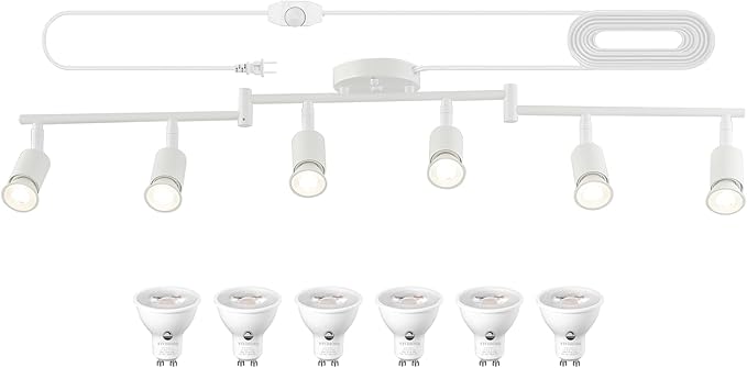 Dimmable 6 Light White Plug in Track Light White Plug in Ceiling Lighting Fixture with 16.4' Long Cord,6 Way Ceiling Spotlight,Rotatable Wall Mount Light Head,LED dimmable Spot Bulbs Included