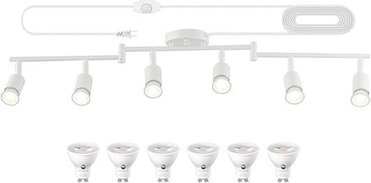 Dimmable 6 Light White Plug in Track Light White Plug in Ceiling Lighting Fixture with 16.4' Long Cord,6 Way Ceiling Spotlight,Rotatable Wall Mount Light Head,LED dimmable Spot Bulbs Included