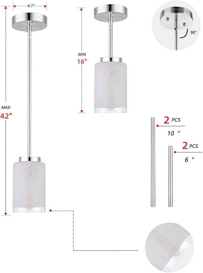 2 Pack Pendant Light Fixtures, Indoor Brushed Nickel Kitchen Island Hanging Lights Adjustable Vintage Lamp, Mini Pendant Lights with Linen Glass Shade for Living Room Bedroom Hallway